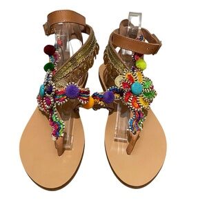 Elina Linardaki Embellished Coin Thong Sandals Tan Womens Size 40 US 9 Nwot